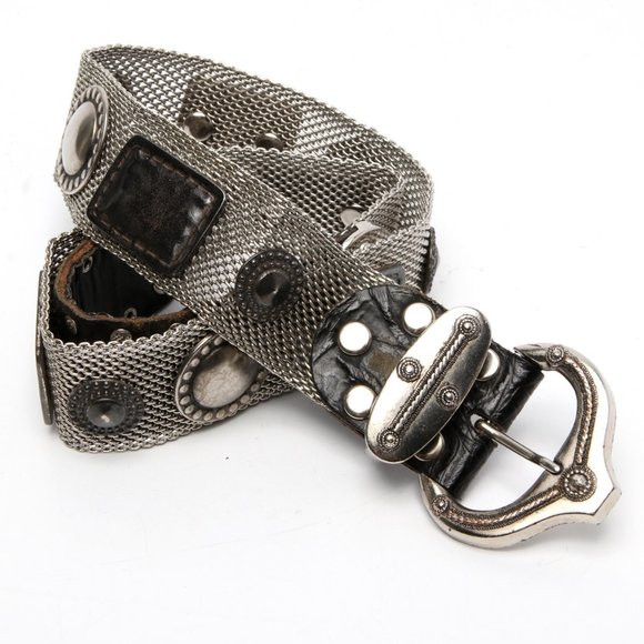Usmeco Accessories - Vintage USMECO Paris Chainmail Leather Belt Metal Mesh Black Silver Heavy 90s